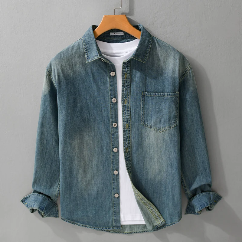Herren Vintage-Optik Denim-Hemdjacke mit Brusttasche und Relaxed-Fit Nord Taschen