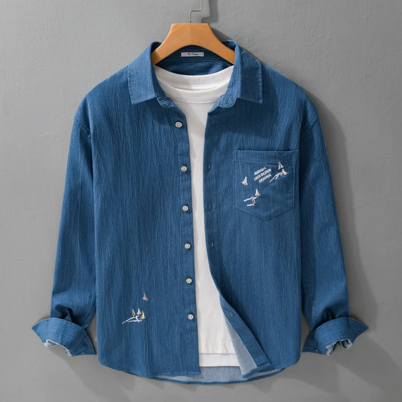 Herren Texturiertes Chambray-Overshirt mit maritimer Stickerei und Brusttasche Nord Taschen