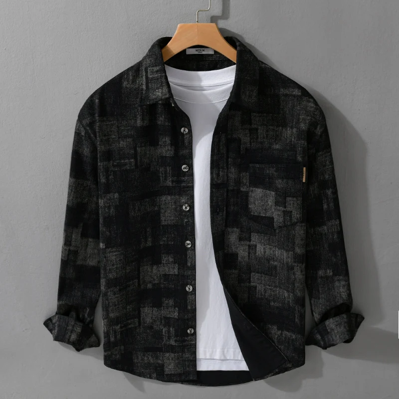 Herren Strukturiertes Hemdjacke-Overshirt aus Baumwollmischung mit geometrischem Print Nord Taschen