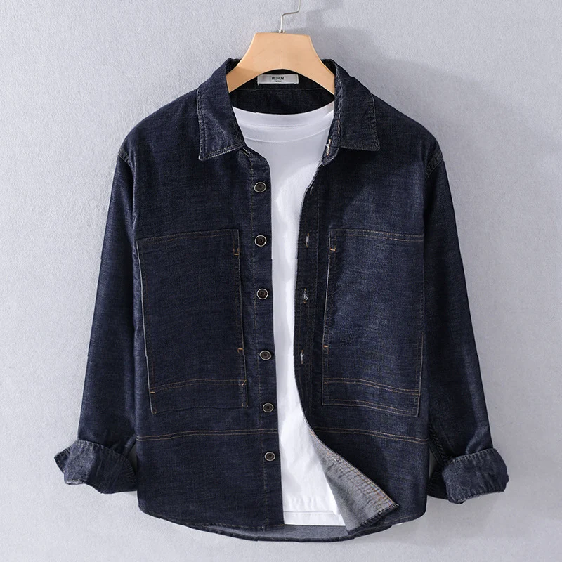 Herren Strukturierte Denim-Twill-Überhemdjacke mit großen aufgesetzten Taschen Nord Taschen