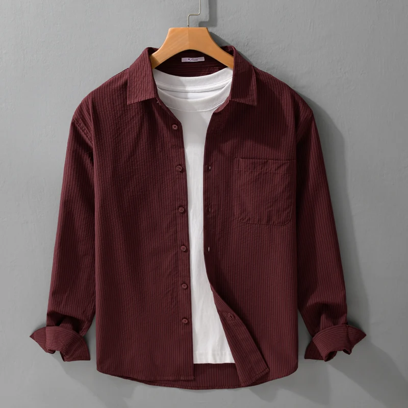 Herren Struktur-Overshirt aus atmungsaktivem Baumwollmix mit feinem Streifenrelief und Brusttasche Nord Taschen