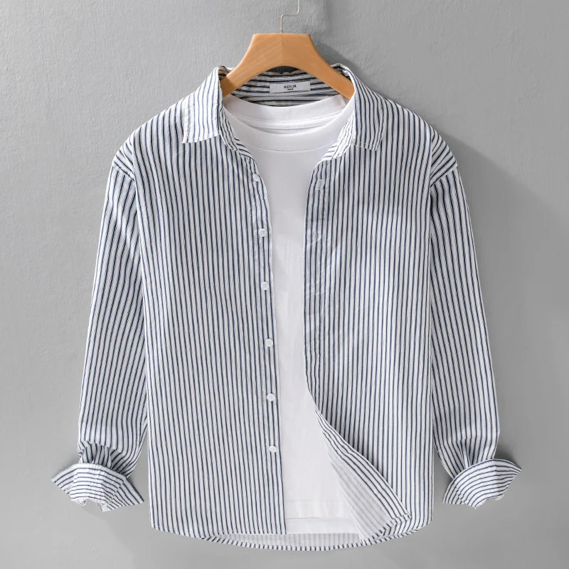 Herren Relaxed-Layering-Hemd mit feinen Längsstreifen, Kentkragen und softem Baumwollmix Nord Taschen