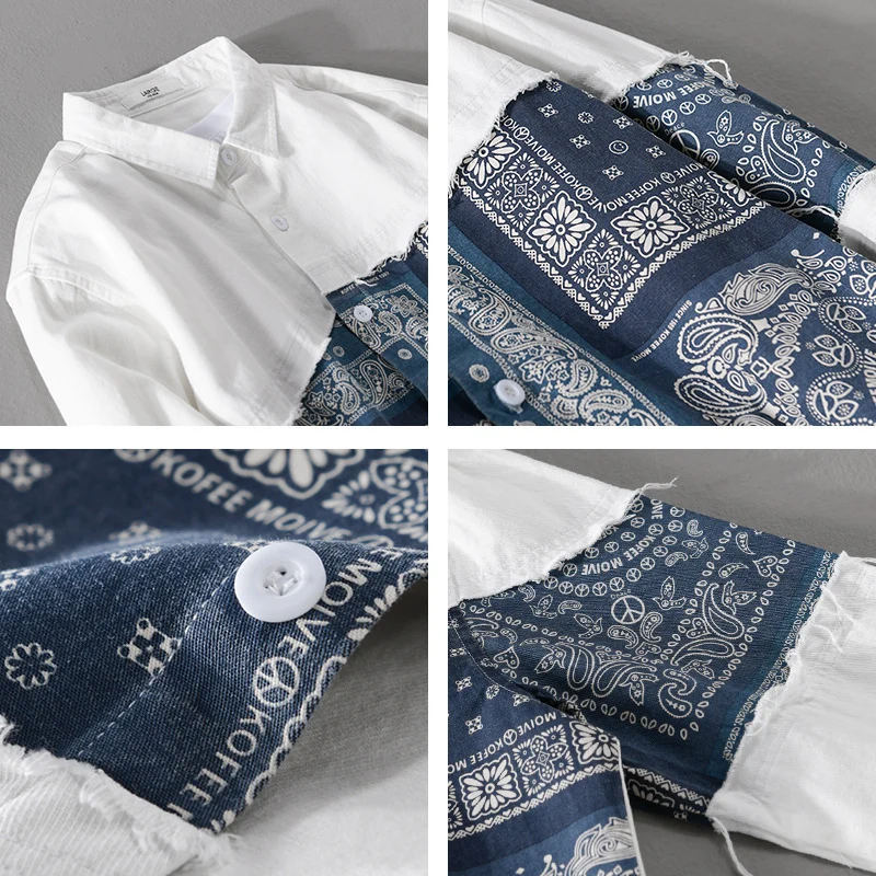 Herren Patchwork-Hemdjacke mit Bandana-Einsatz, rohen Kanten und weiter Passform Nord Taschen