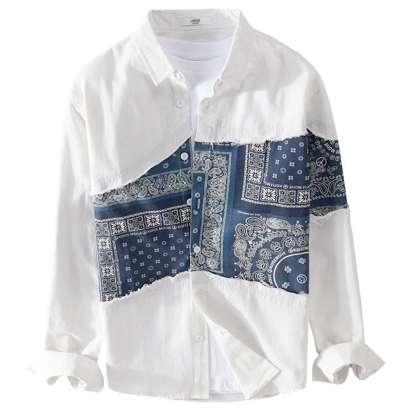 Herren Patchwork-Hemdjacke mit Bandana-Einsatz, rohen Kanten und weiter Passform Nord Taschen