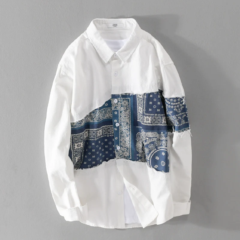 Herren Patchwork-Hemdjacke mit Bandana-Einsatz, rohen Kanten und weiter Passform Nord Taschen