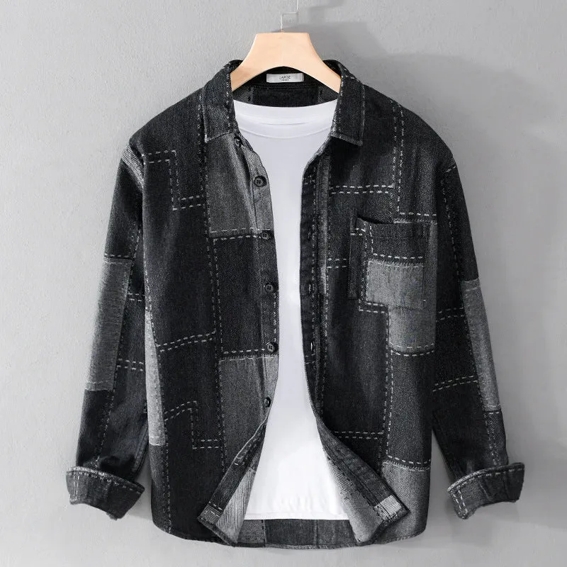 Herren Patchwork-Hemdjacke aus strukturiertem Denim mit sichtbarer Naht und Brusttasche Nord Taschen