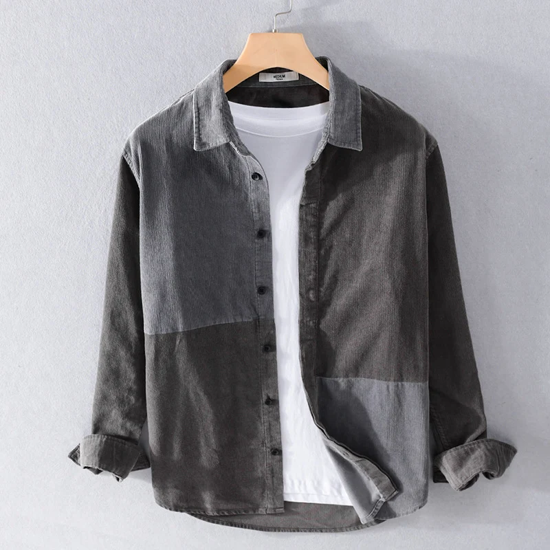 Herren Patchwork-Cordhemdjacke im Relaxed-Fit mit Kentkragen Nord Taschen