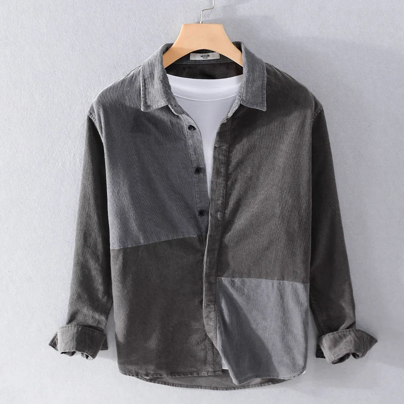 Herren Patchwork-Cordhemdjacke im Relaxed-Fit mit Kentkragen Nord Taschen