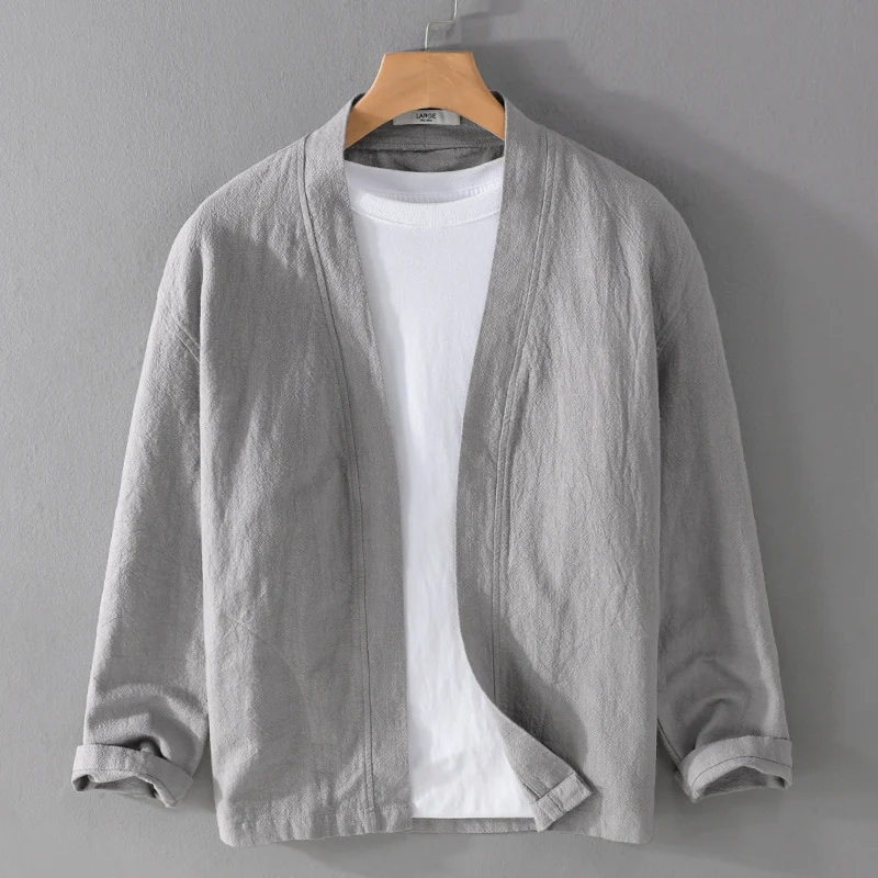 Herren Offene Leinen-Overjacket mit Kimono-Kragen und Relaxed-Fit Nord Taschen