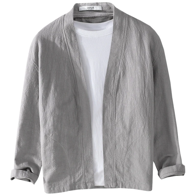 Herren Offene Leinen-Overjacket mit Kimono-Kragen und Relaxed-Fit Nord Taschen