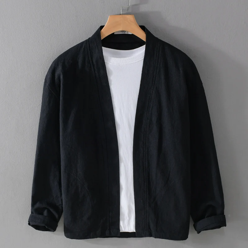 Herren Offene Leinen-Overjacket mit Kimono-Kragen und Relaxed-Fit Nord Taschen
