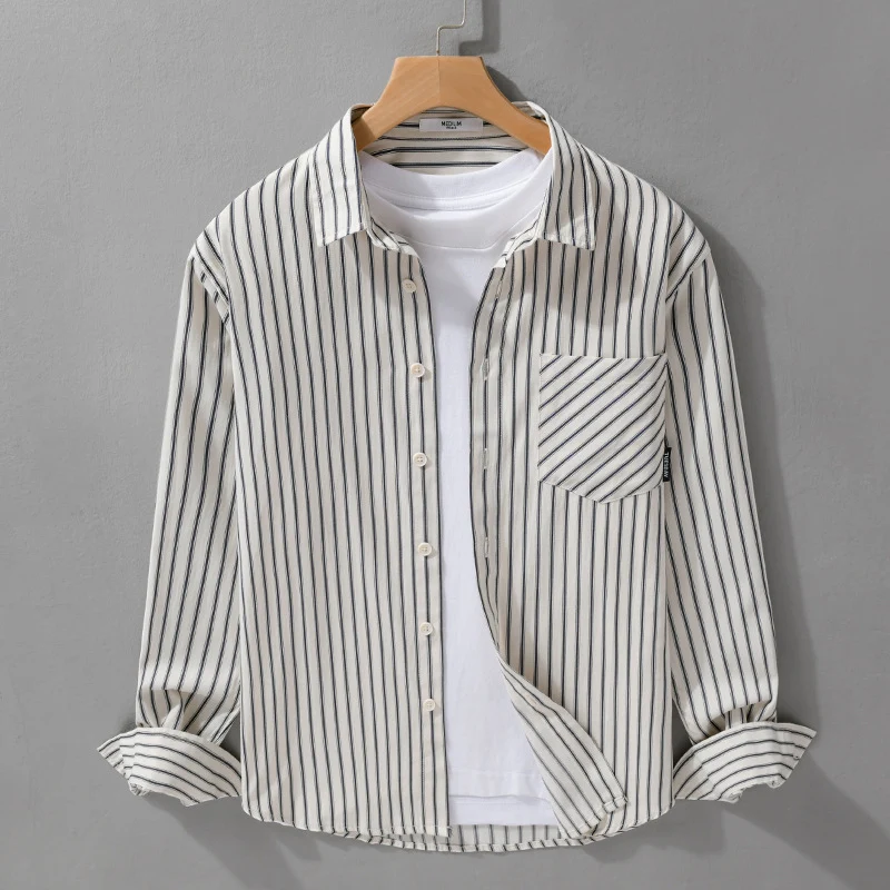 Herren Nadelstreifen-Langarm-Hemdjacke im Overshirt‑Stil aus leichtem Baumwollmix mit diagonaler Brusttasche Nord Taschen