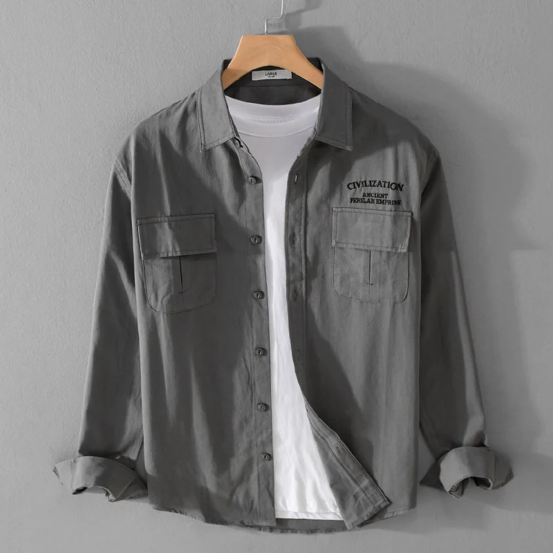 Herren Militärisch inspiriertes Overshirt mit Doppel-Brusttaschen und dezenter Stickerei Nord Taschen