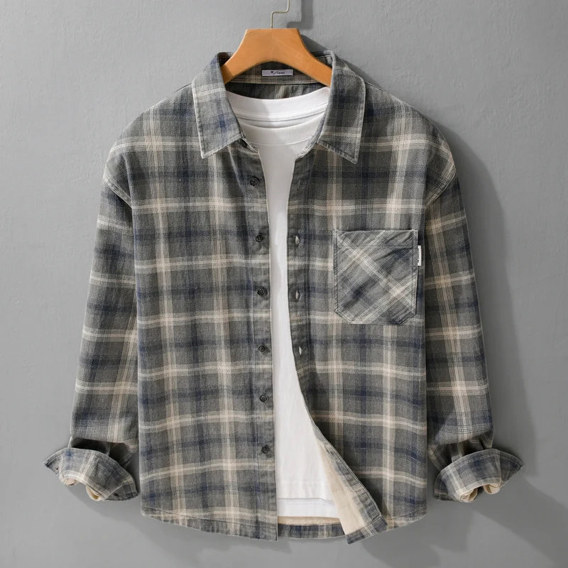 Herren Karo-Relaxed-Overshirt aus gebürstetem Baumwollmix mit Brusttasche und durchgehender Knopfleiste Nord Taschen