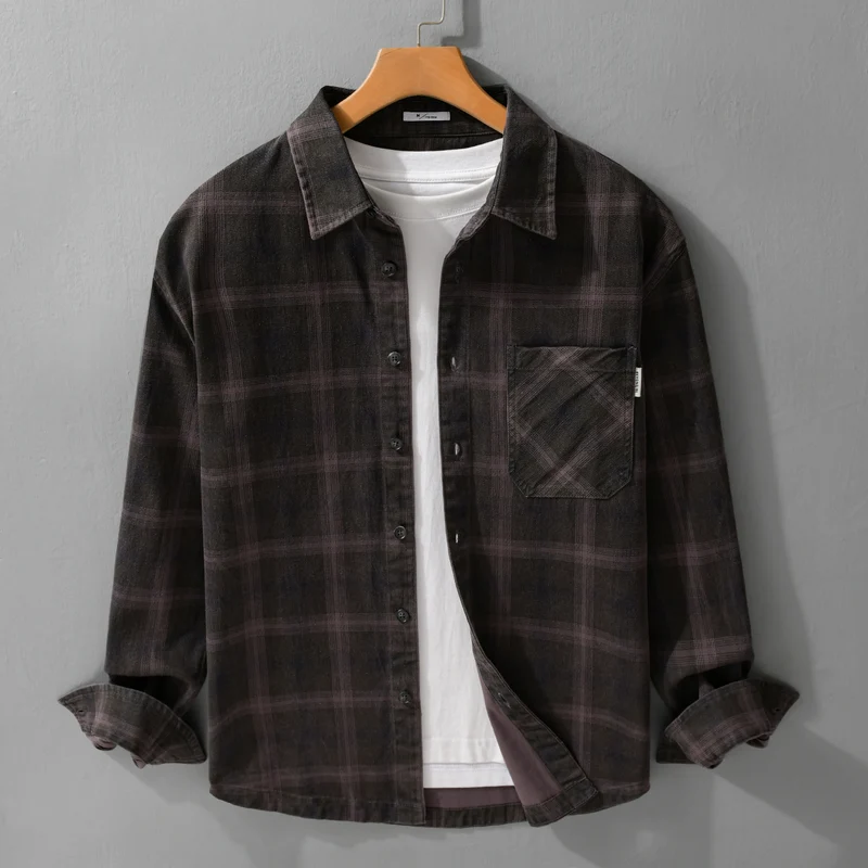 Herren Karo-Relaxed-Overshirt aus gebürstetem Baumwollmix mit Brusttasche und durchgehender Knopfleiste Nord Taschen