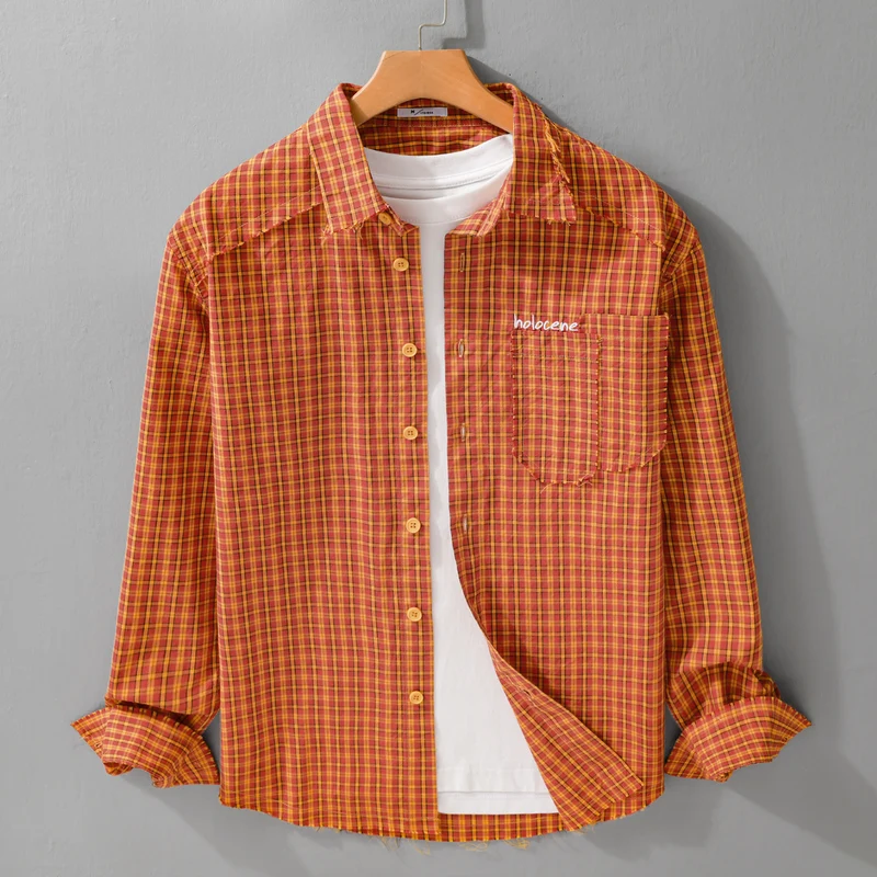 Herren Karo-Overshirt mit fransigem Saum, Brusttasche und Relaxed-Fit Nord Taschen