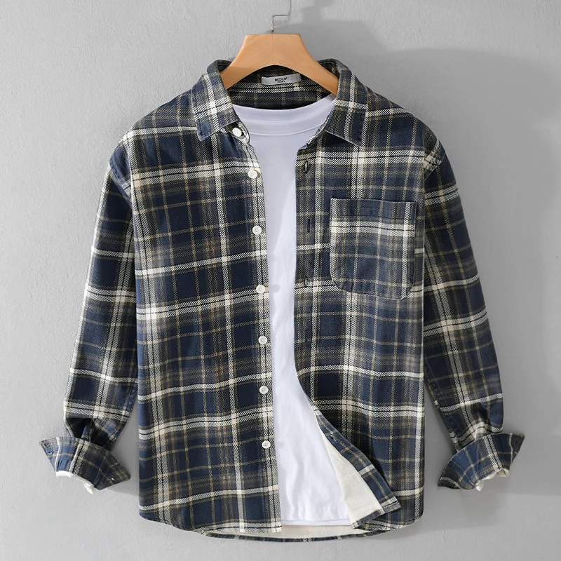 Herren Karierter Flanell-Overshirt im Vintage‑Look mit aufgesetzter Brusttasche und gerundetem Saum Nord Taschen