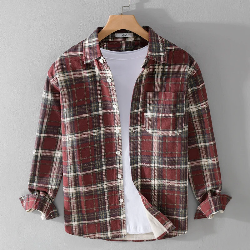 Herren Karierter Flanell-Overshirt im Vintage‑Look mit aufgesetzter Brusttasche und gerundetem Saum Nord Taschen