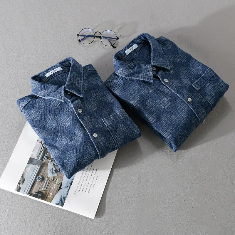 Herren Indigo-Struktur-Overshirt aus gewaschenem Denim mit Zickzack-Jacquard, Kentkragen und Brusttasche Nord Taschen
