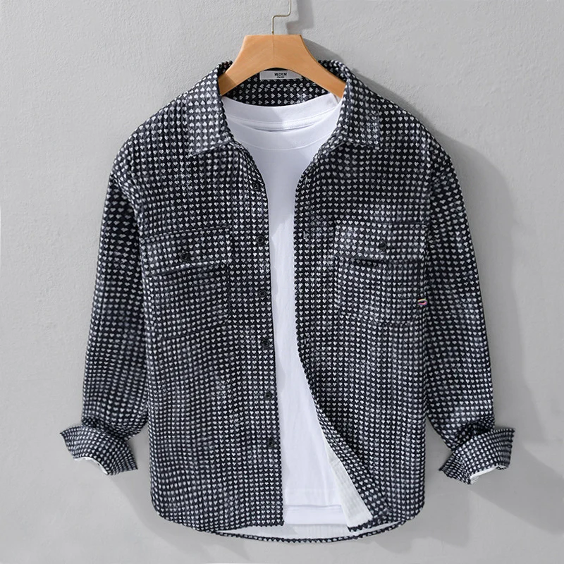 Herren Hemdjacke-Overshirt aus Baumwollmix mit Miniherz-Alloverprint und Brusttaschen Nord Taschen
