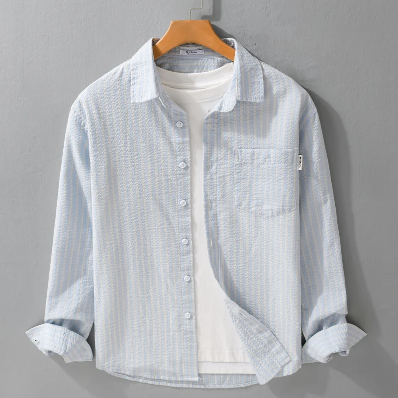 Herren Gestreiftes Relaxed-Overshirt aus strukturiertem Baumwollmix mit Brusttasche Nord Taschen