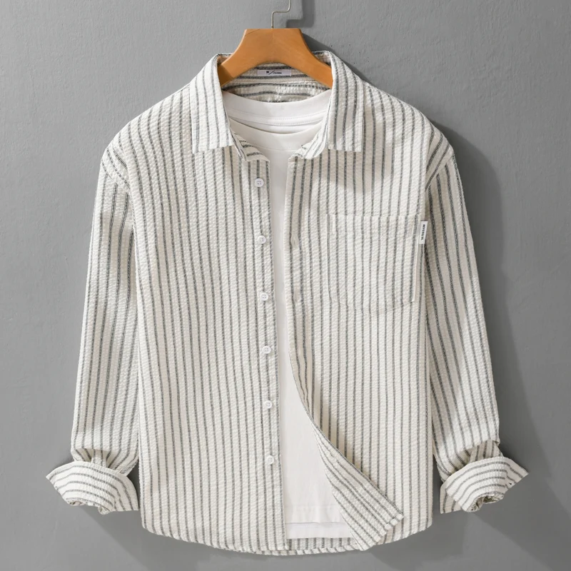 Herren Gestreiftes Relaxed-Overshirt aus strukturiertem Baumwollmix mit Brusttasche Nord Taschen