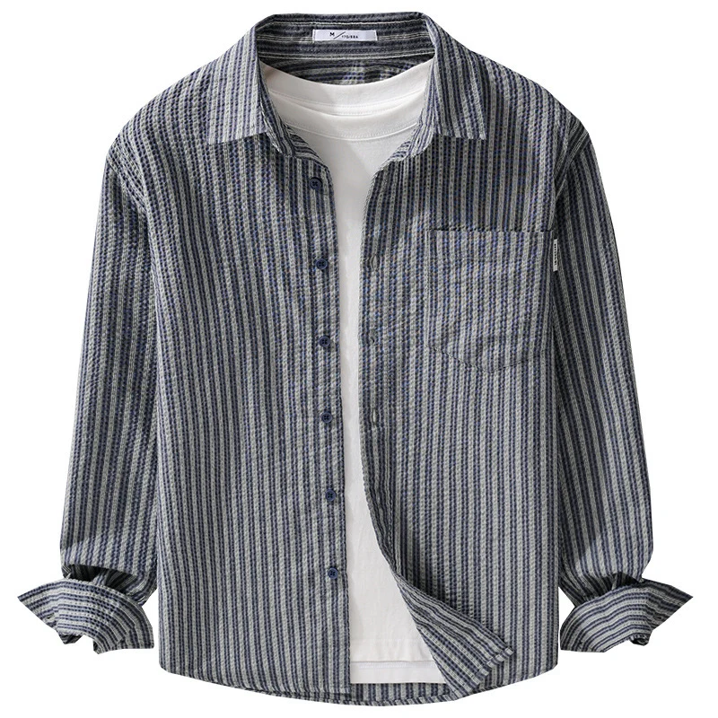 Herren Gestreiftes Relaxed-Overshirt aus strukturiertem Baumwollmix mit Brusttasche Nord Taschen