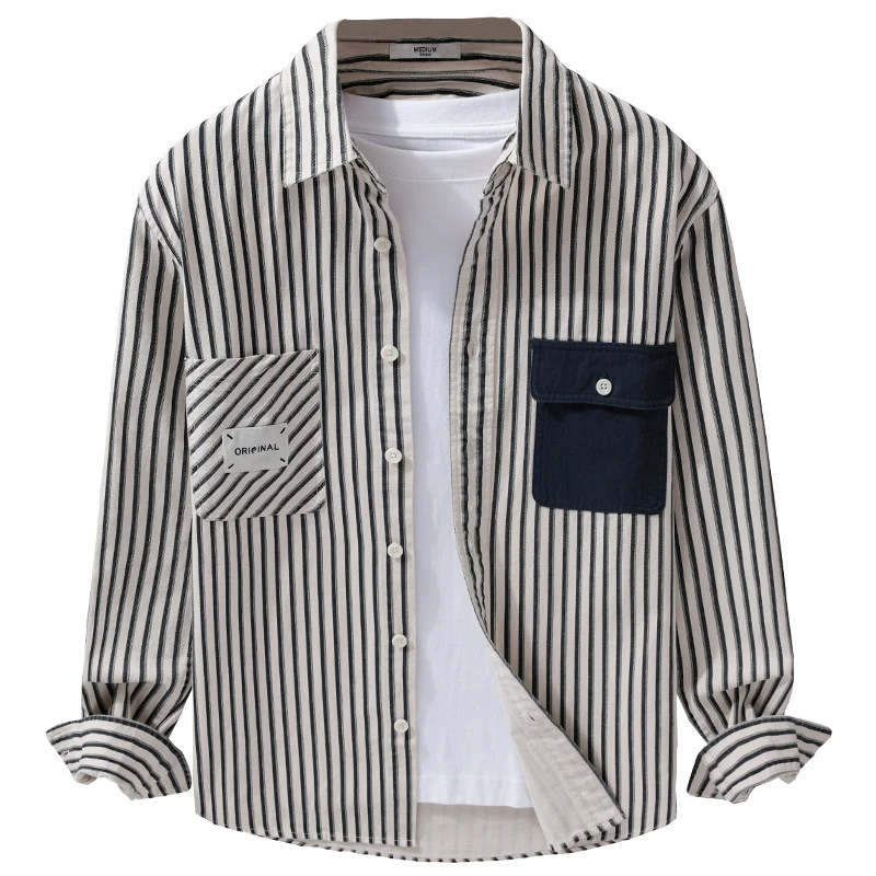 Herren Gestreiftes Overshirt mit Kontrast-Brusttaschen und Kentkragen aus Baumwollmix Nord Taschen