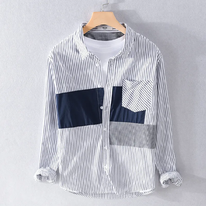 Herren Gestreiftes Overshirt mit Farbblock‑Einsätzen und aufgesetzter Brusttasche Nord Taschen