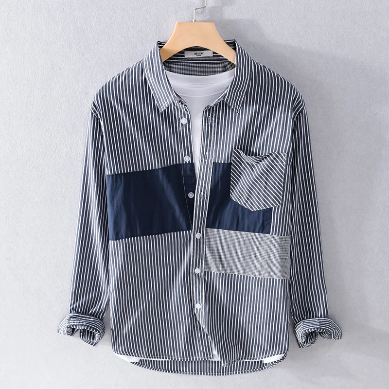 Herren Gestreiftes Overshirt mit Farbblock‑Einsätzen und aufgesetzter Brusttasche Nord Taschen
