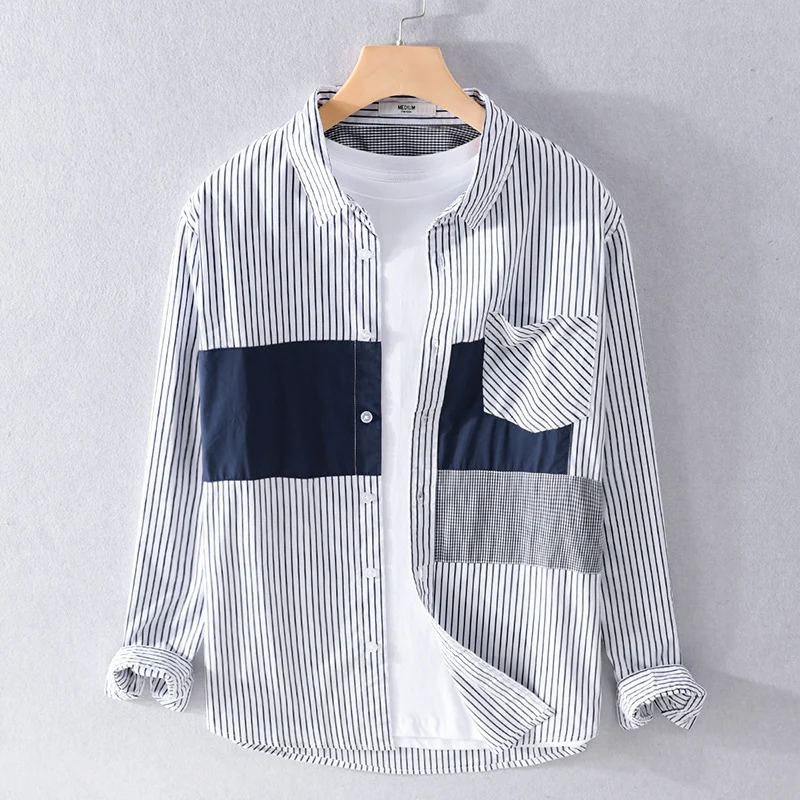 Herren Gestreiftes Overshirt mit Farbblock‑Einsätzen und aufgesetzter Brusttasche Nord Taschen