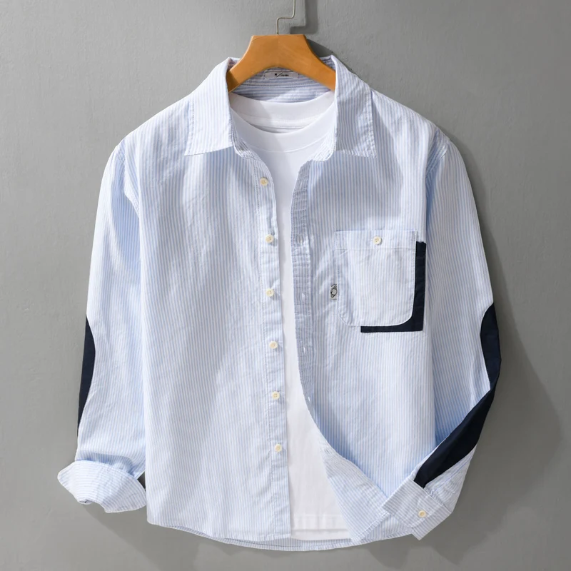 Herren Gestreiftes Overshirt‑Hemd mit Kontrast‑Ellbogenpatches und aufgesetzter Brusttasche Nord Taschen