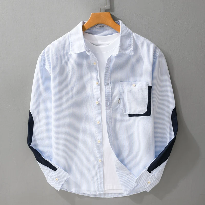 Herren Gestreiftes Overshirt‑Hemd mit Kontrast‑Ellbogenpatches und aufgesetzter Brusttasche Nord Taschen