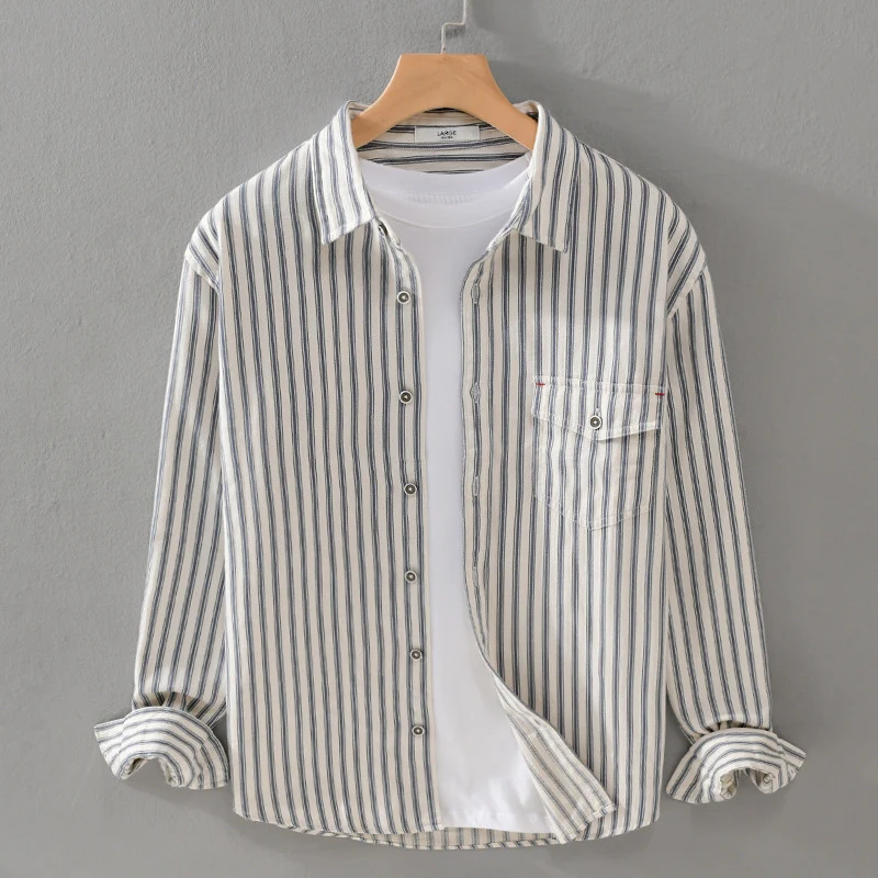 Herren Gestreiftes Overshirt aus leichter Baumwollmischung mit Brustklappe und Relaxed-Fit Nord Taschen