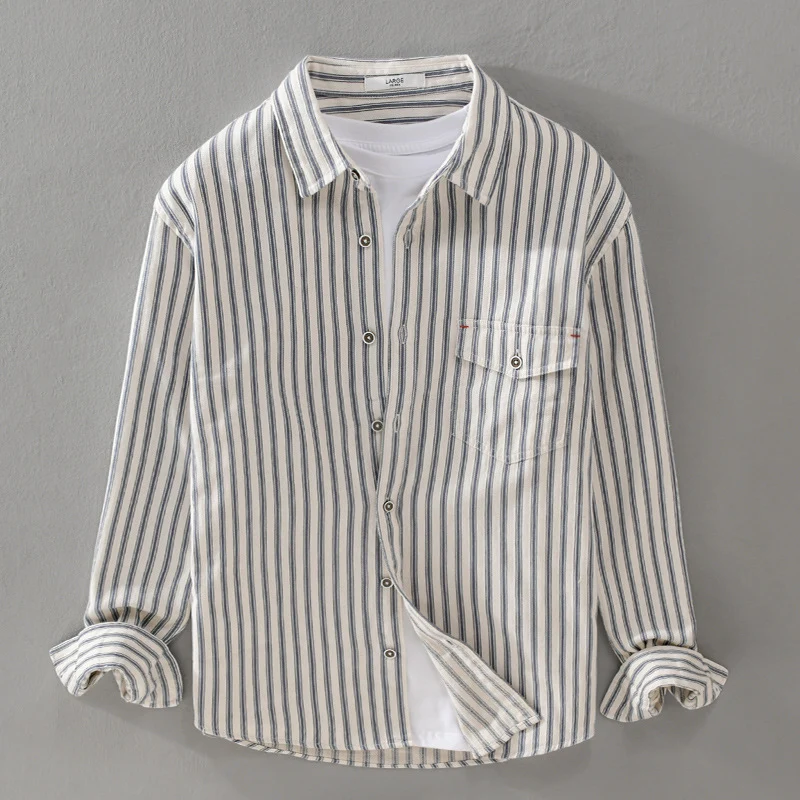 Herren Gestreiftes Overshirt aus leichter Baumwollmischung mit Brustklappe und Relaxed-Fit Nord Taschen