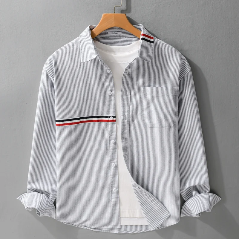 Herren Gestreiftes Overshirt aus Baumwollmix mit Brusttasche und sportivem Kontrastband Nord Taschen