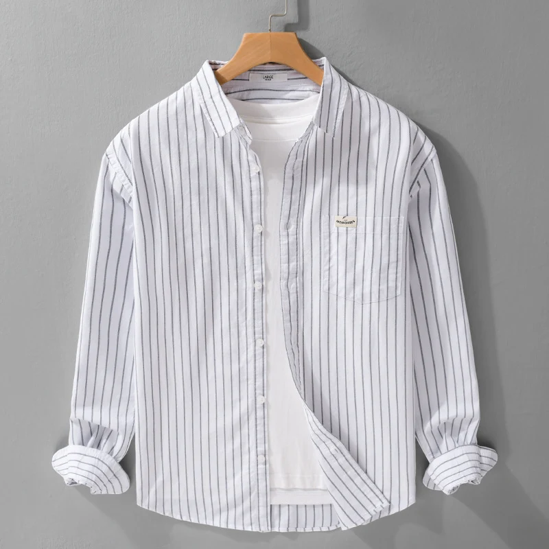 Herren Gestreiftes Layering-Overshirt aus softem Baumwollmix mit Kentkragen und aufgesetzter Brusttasche Nord Taschen