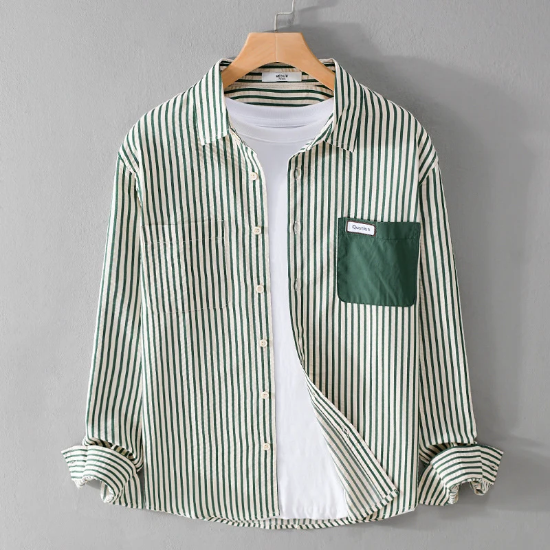 Herren Gestreiftes Langarm-Overshirt aus Baumwollmix mit kontrastierter Brusttasche Nord Taschen