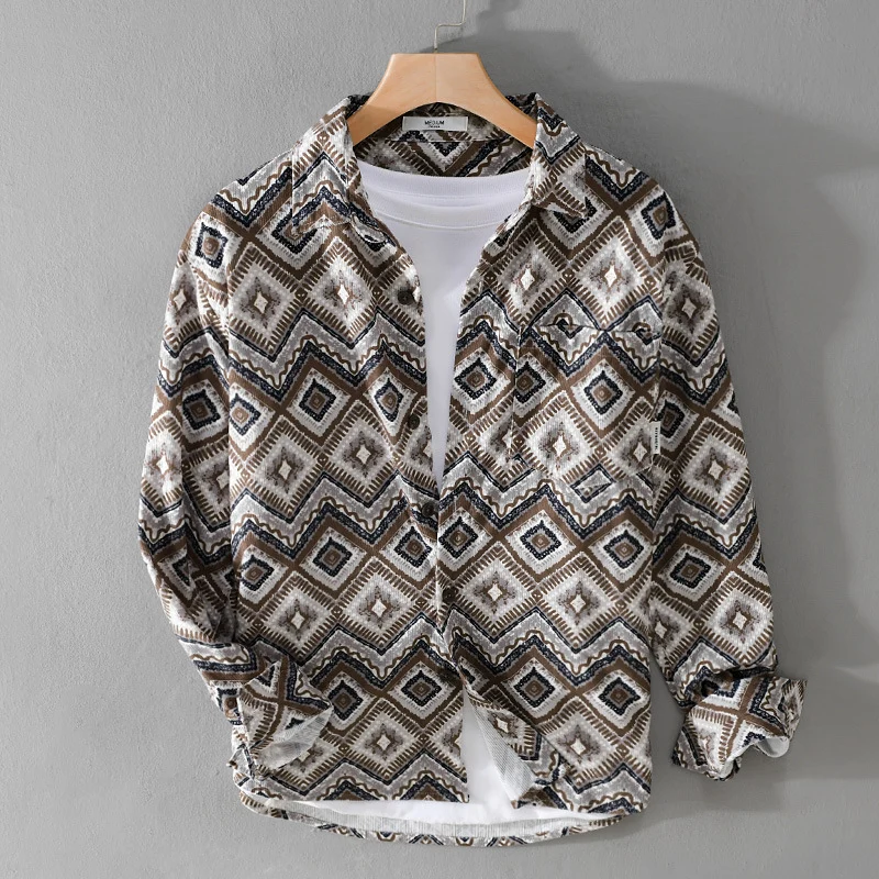 Herren Gemustertes Overshirt im Relaxed-Fit mit geometrischem Diamantprint und Brusttasche Nord Taschen