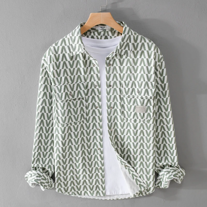 Herren Gemustertes Overshirt aus Baumwollmix mit geometrischem V‑Muster, aufgesetzten Brusttaschen und Relaxed‑Fit Nord Taschen