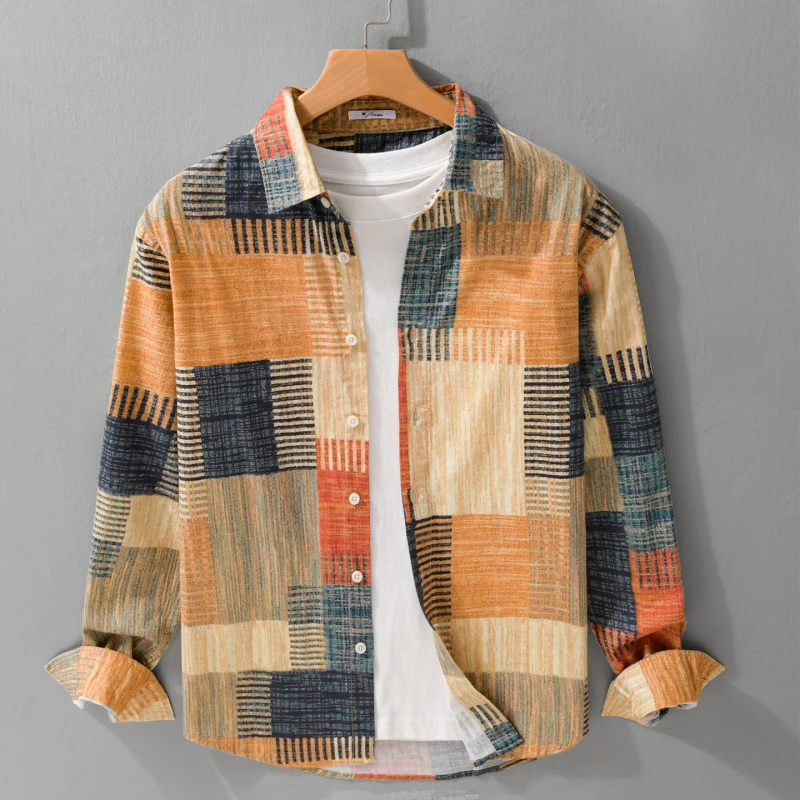 Herren Gemustertes Langarm-Hemd im Patchwork-Look aus leichtem Baumwollmix Relaxed Fit Nord Taschen