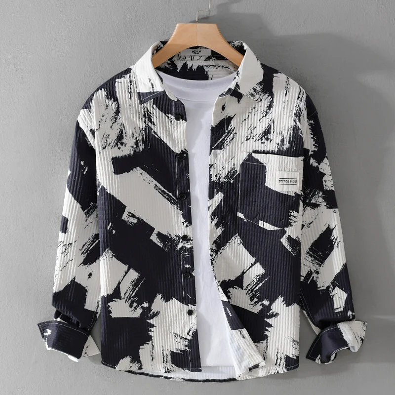 Herren Gekreppte Overshirt‑Hemdjacke mit abstraktem Pinselprint und Brusttasche Nord Taschen