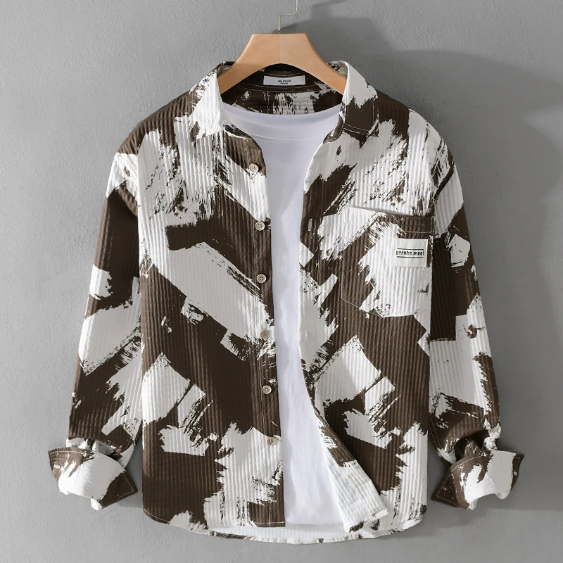 Herren Gekreppte Overshirt‑Hemdjacke mit abstraktem Pinselprint und Brusttasche Nord Taschen