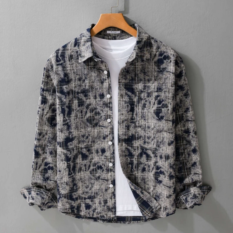Herren Gebleichte Karo-Flanell-Overshirt Jacke im Used‑Look Nord Taschen