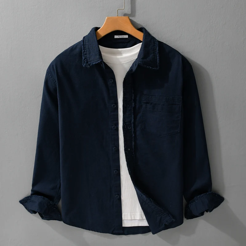 Herren Fransen-Overshirt aus Baumwollmix mit Brusttasche und Knopfleiste Nord Taschen