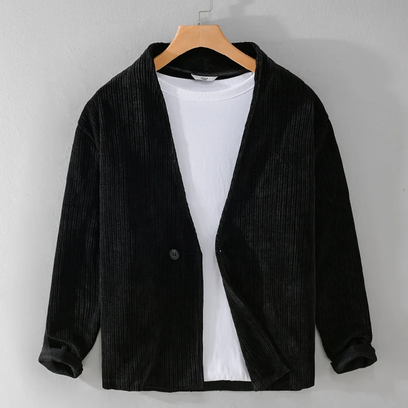 Herren Cord-Overshirt-Sakko mit V-Ausschnitt und Ein-Knopfverschluss Nord Taschen