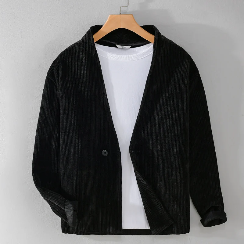 Herren Cord-Overshirt-Sakko mit V-Ausschnitt und Ein-Knopfverschluss Nord Taschen