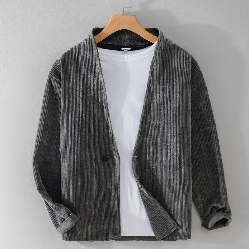 Herren Cord-Overshirt-Sakko mit V-Ausschnitt und Ein-Knopfverschluss Nord Taschen