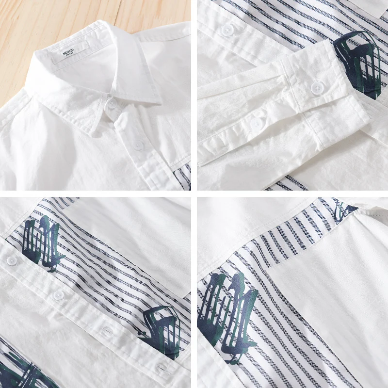 Herren Casual-Overshirt aus Baumwollpopeline mit gestreiften Patch-Einsätzen und Pinselprint Nord Taschen