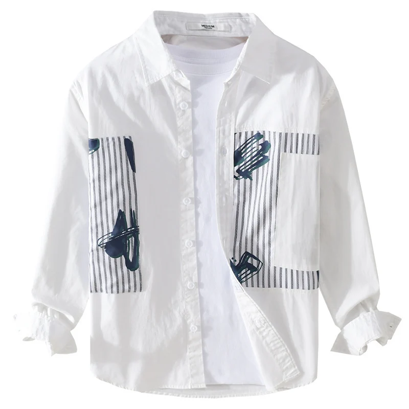 Herren Casual-Overshirt aus Baumwollpopeline mit gestreiften Patch-Einsätzen und Pinselprint Nord Taschen